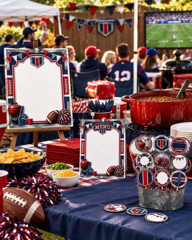 A tailgate in the red, white and navy kit: the welcome sign on an easel and the menu card beside the chili pot, with the matching cupcake toppers and drink tags on the table