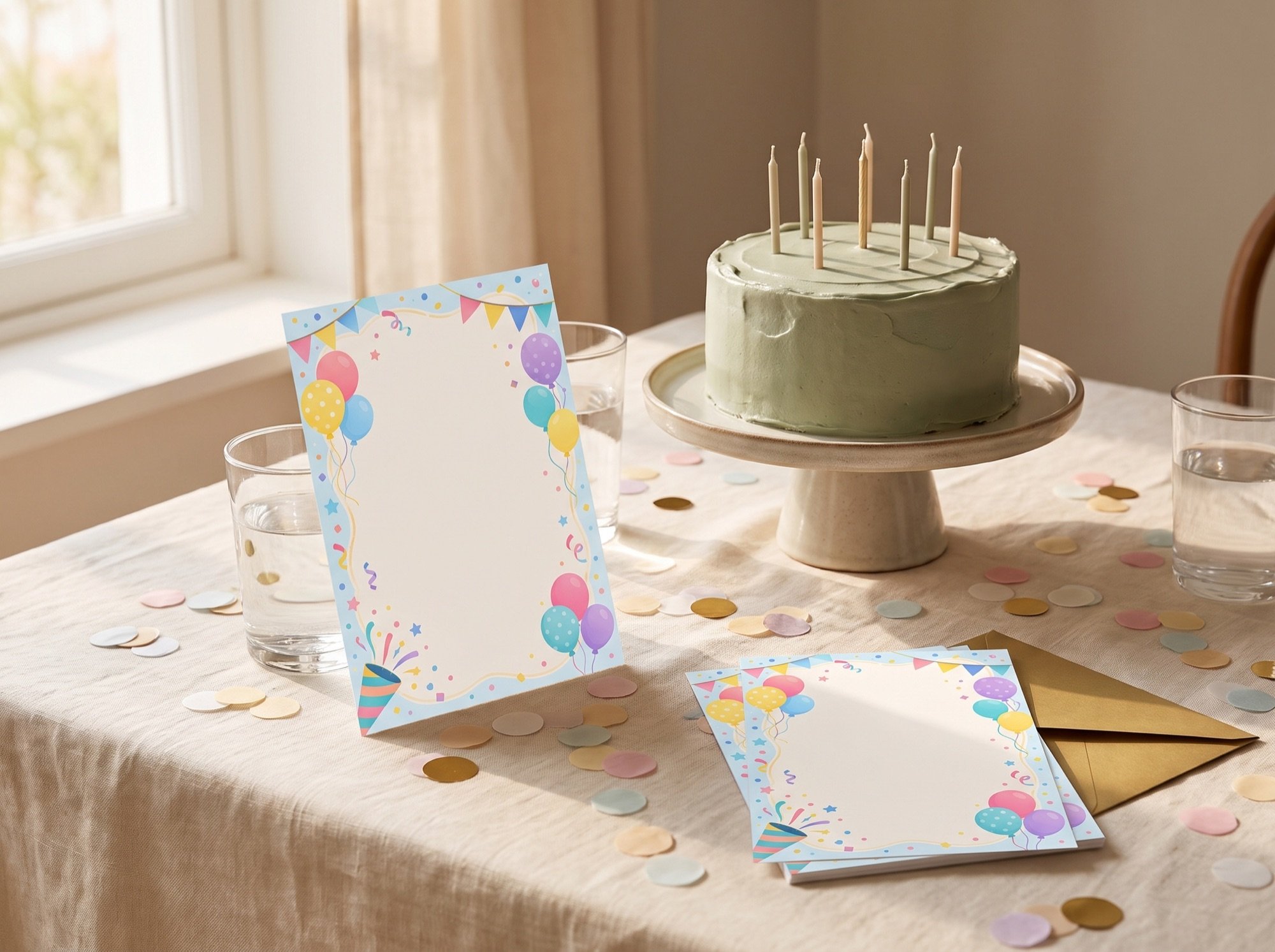 A birthday table by a window: a sage-iced cake with candles, paper confetti, and the balloon-bordered invitation propped against a glass with its envelope