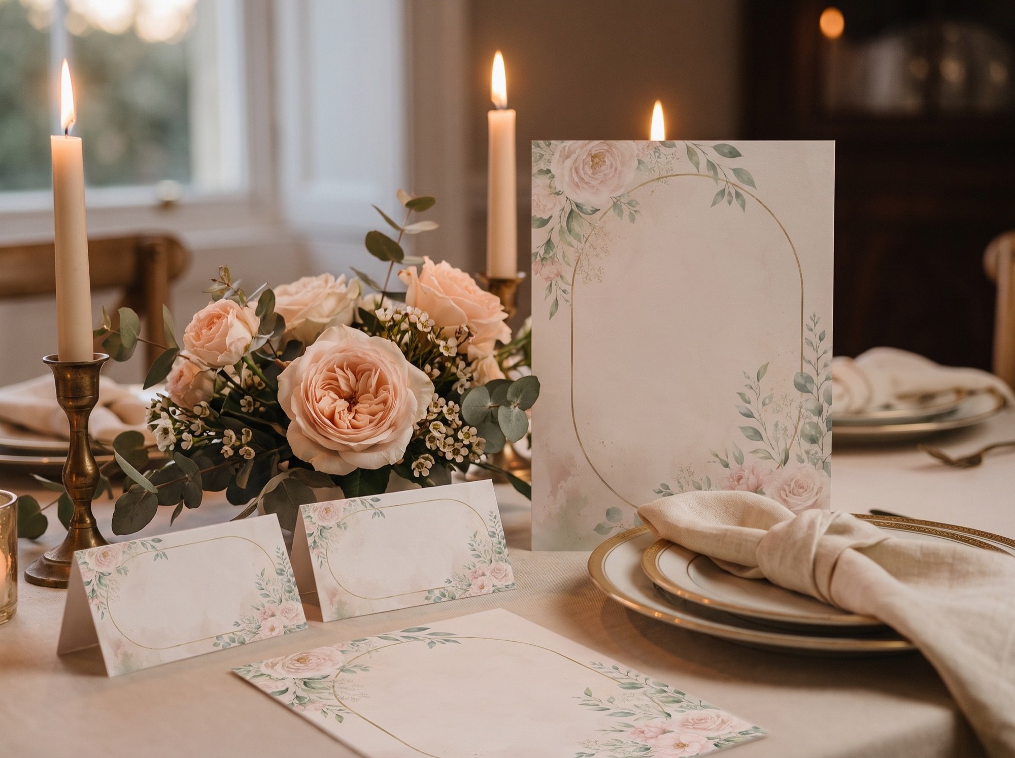 A wedding table at dusk: blush roses and eucalyptus, taper candles, and the blush-and-gold arch menu and place cards beside a gold-rimmed plate