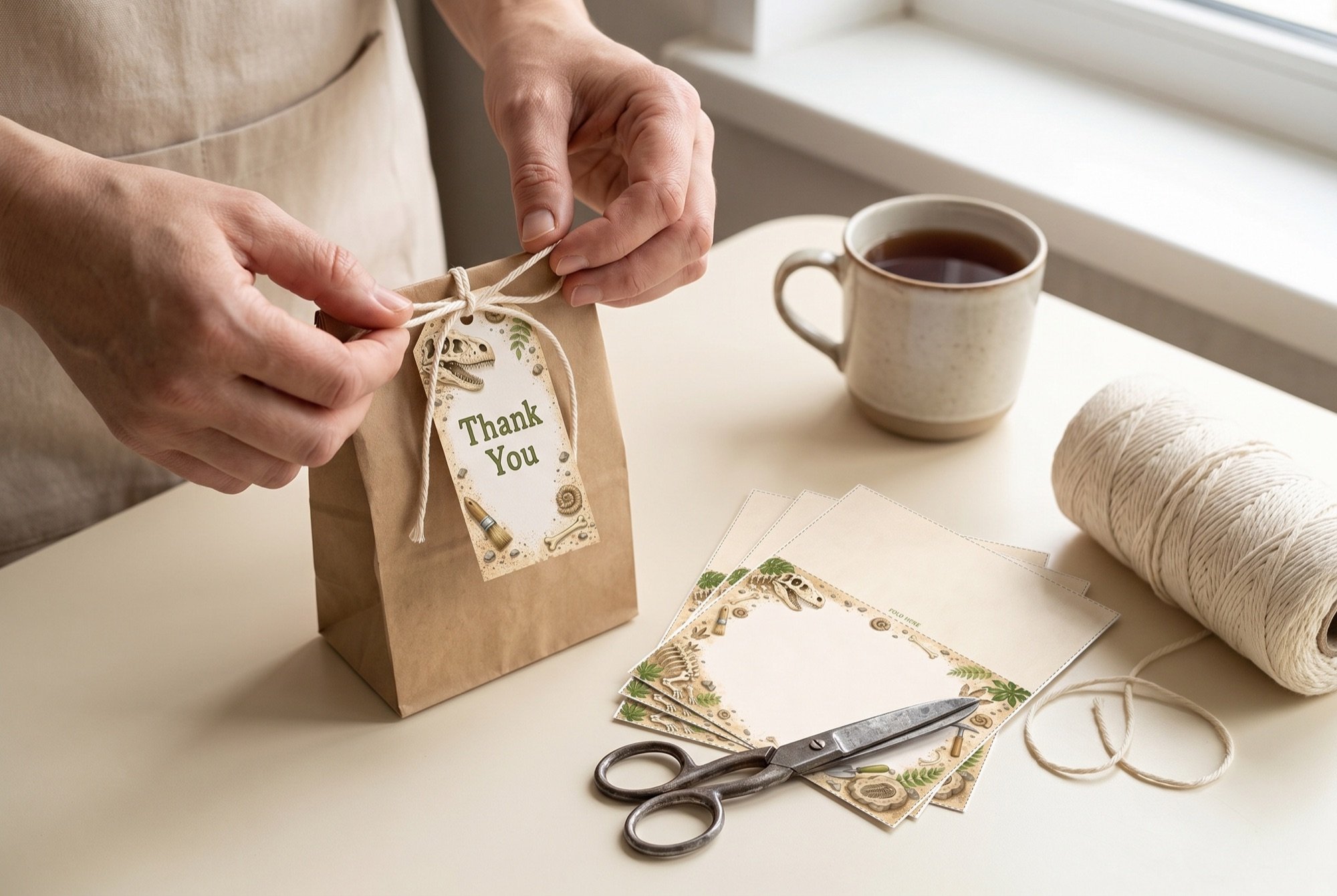 Hands tying a printed thank-you tag onto a paper favour bag at a kitchen table, with a stack of matching placards, scissors and string