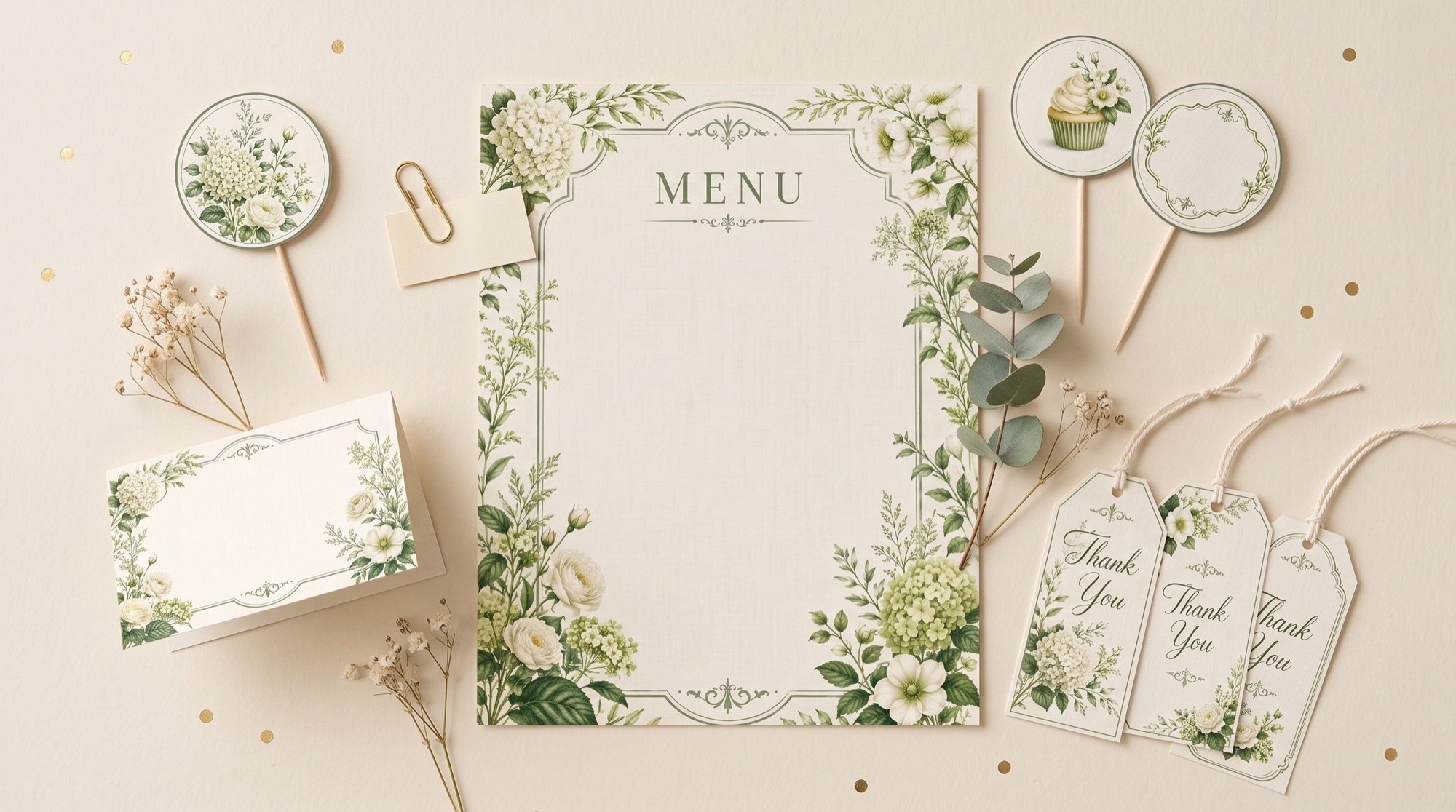 The garden-soiree kit laid out on cream paper: menu, place card, toppers and tags