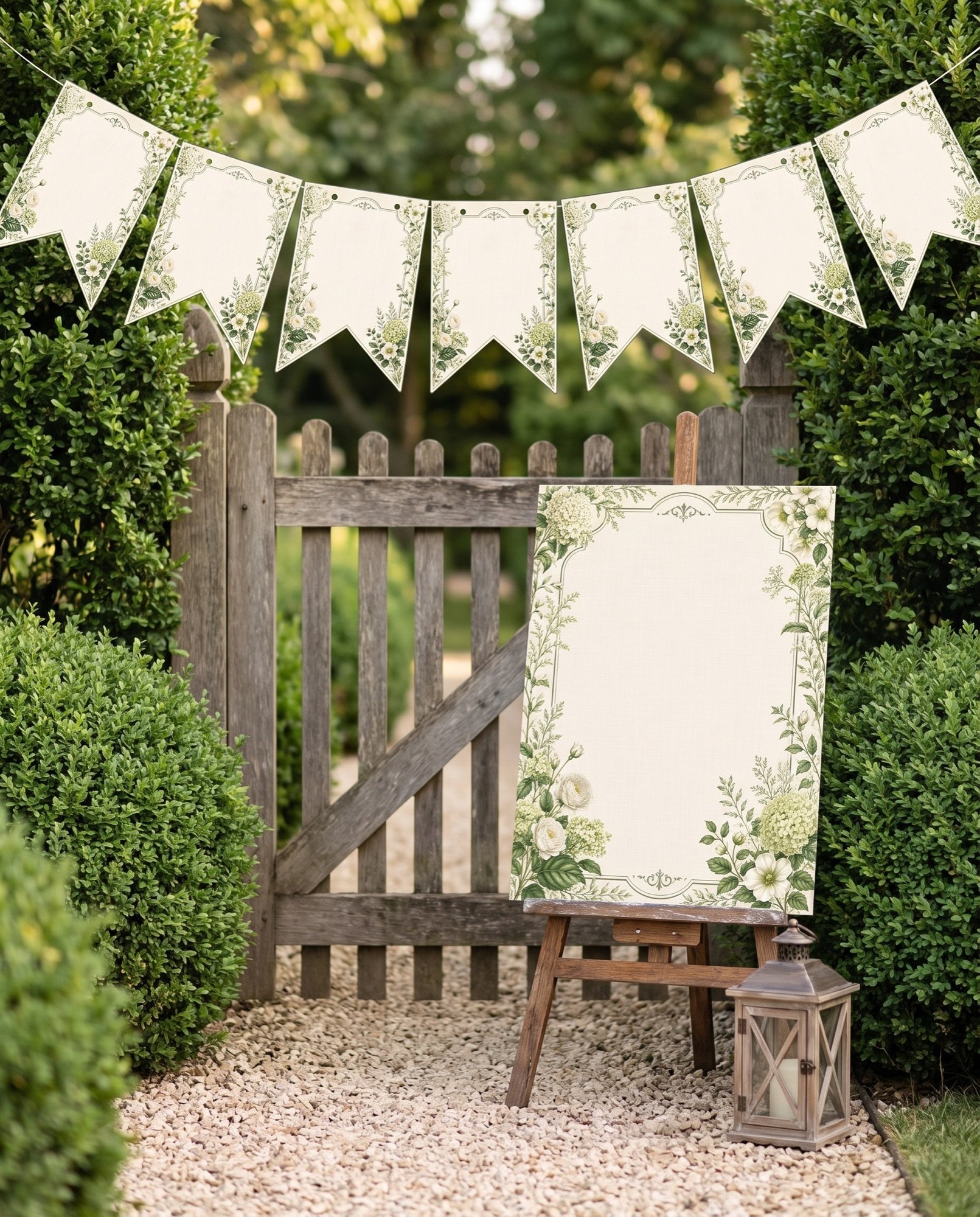 A garden-soiree welcome sign on an easel at a wooden garden gate, with matching pennants strung above