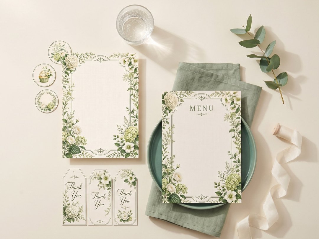 A garden party set on cream paper: the printed invitation, menu card, thank-you tags and cupcake toppers in one design