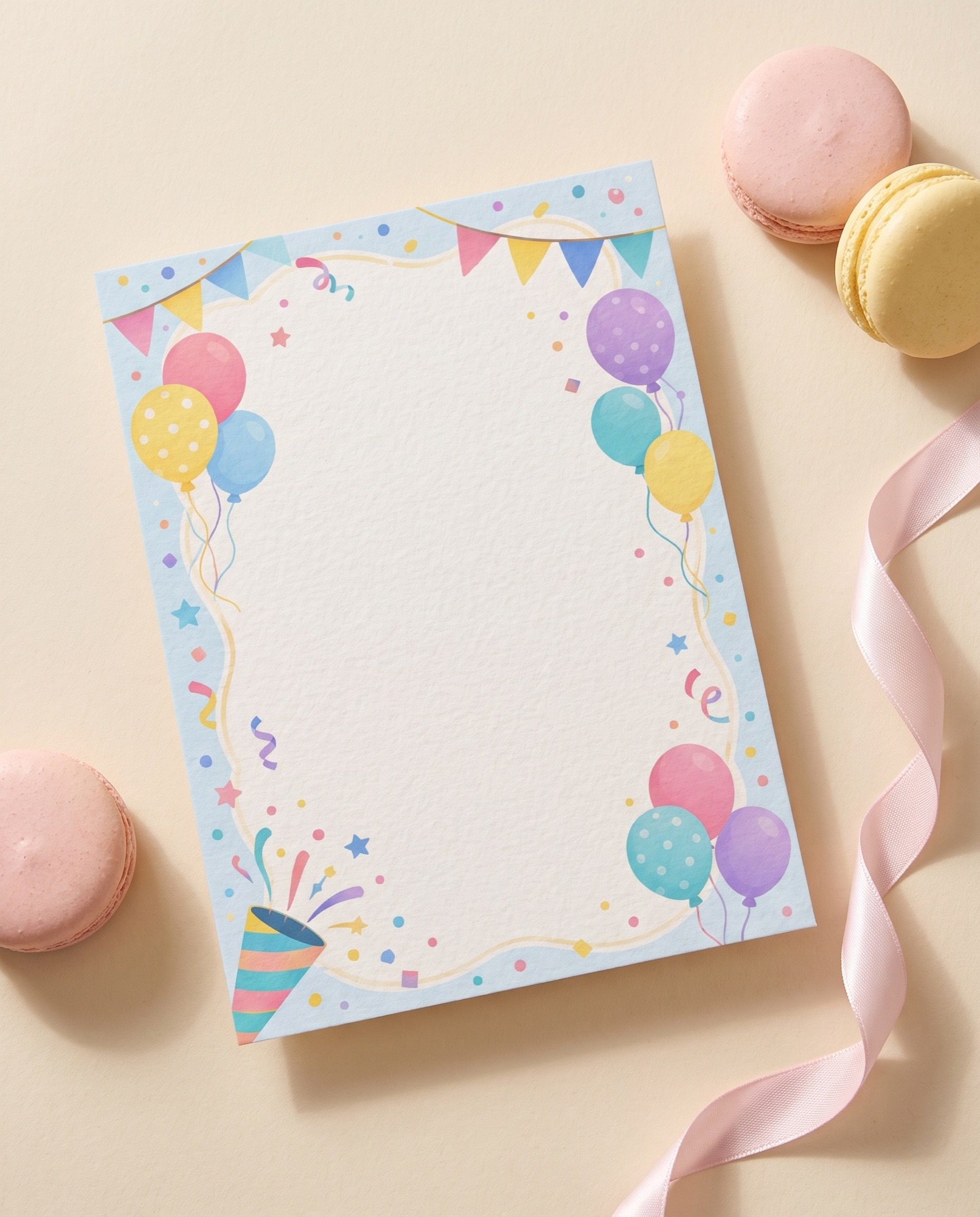 A pastel balloon invitation with two macarons and a pink ribbon
