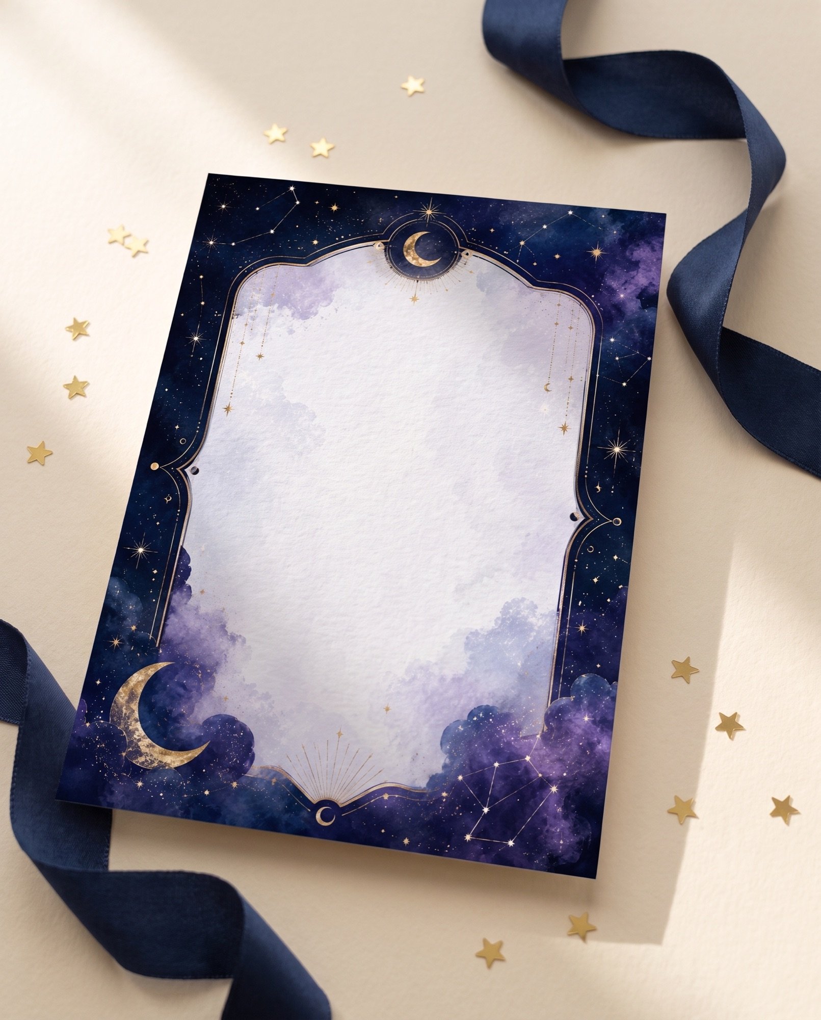 A celestial arch invitation with gold star confetti and a navy ribbon