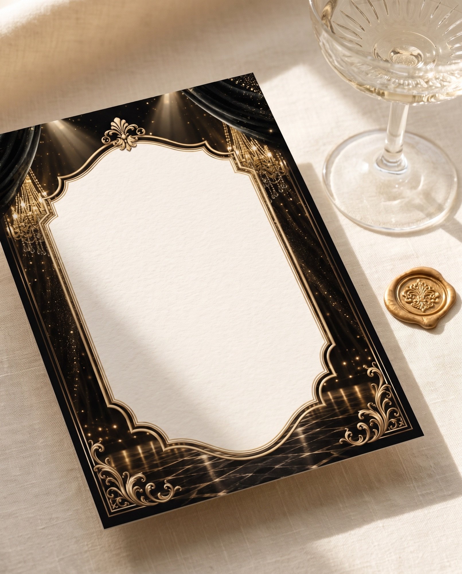 A chandelier gala invitation beside a champagne coupe and a wax seal