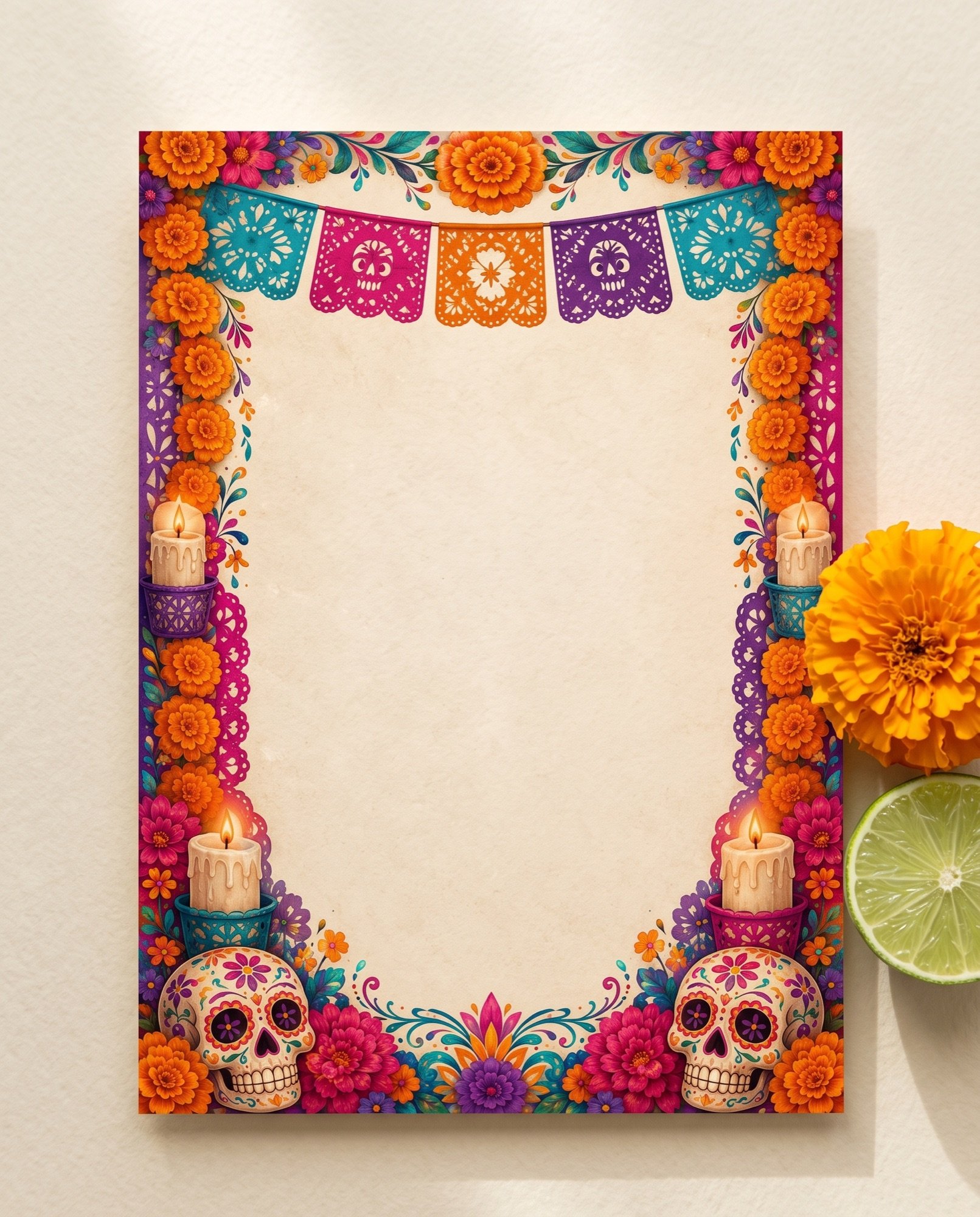 A papel picado invitation with a marigold and a halved lime