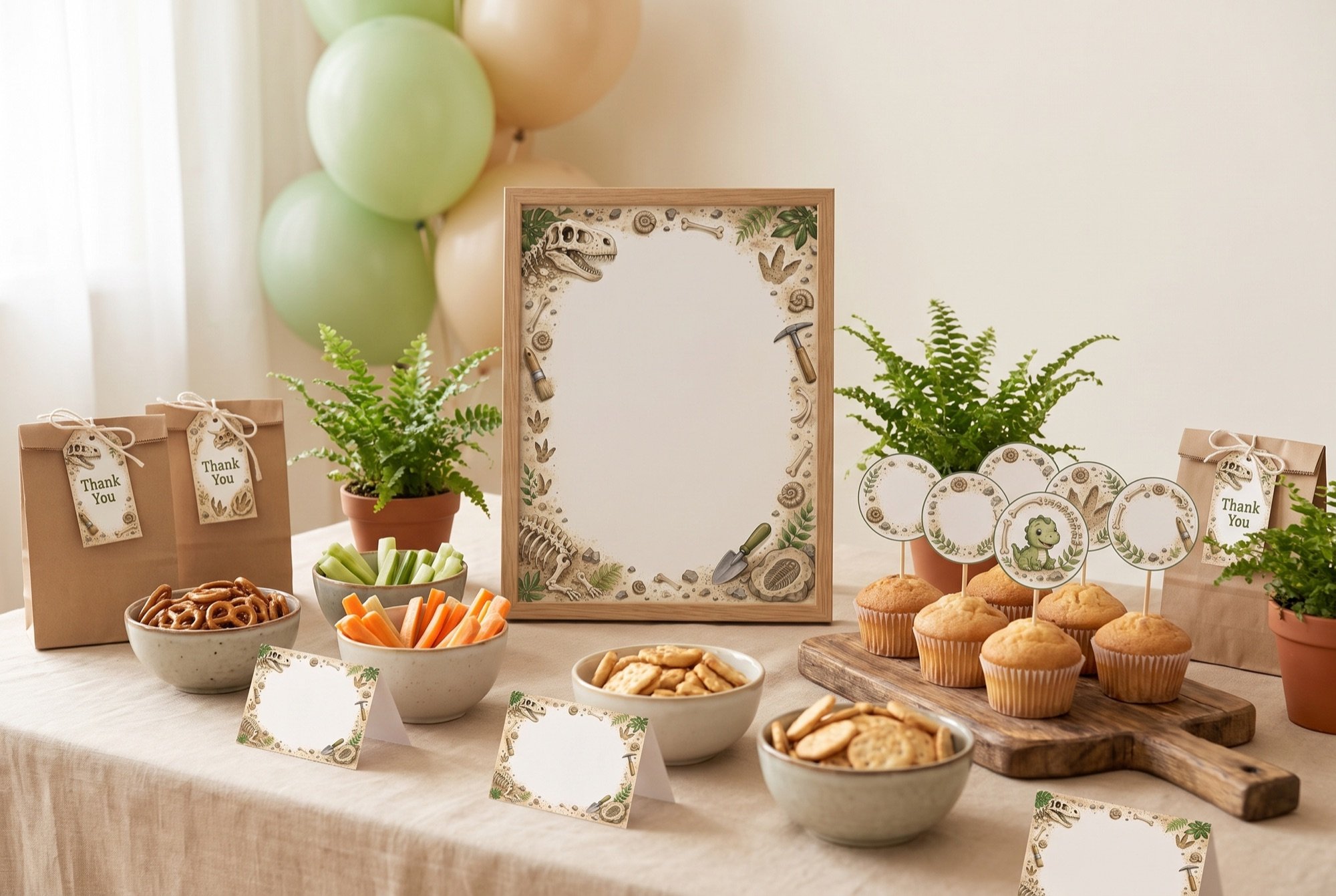 A dinosaur-dig birthday table: the printed welcome sign in a frame, cupcake toppers, food placards and thank-you tags on favour bags, all in one design