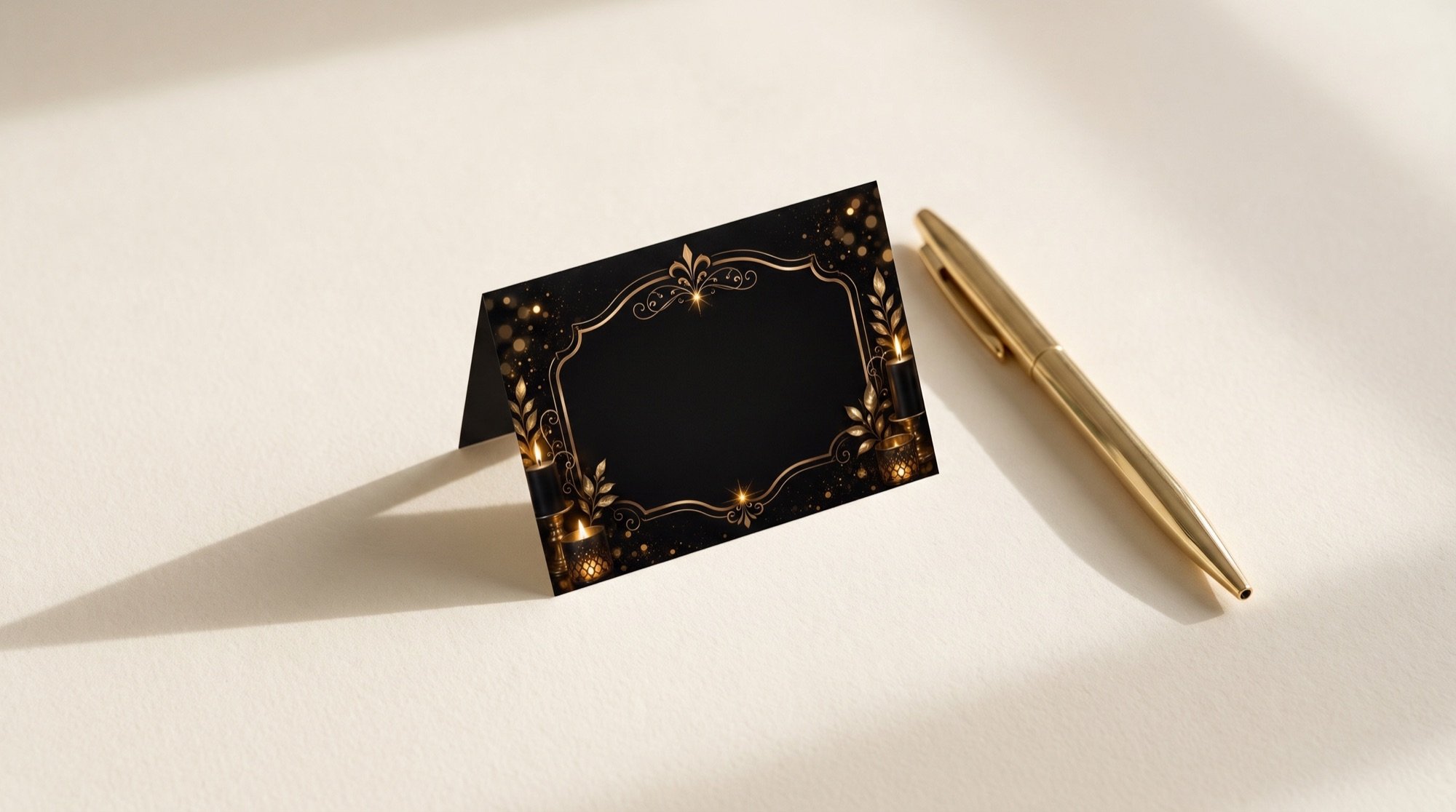 A single blank place card standing alone on cream paper beside a gold pen