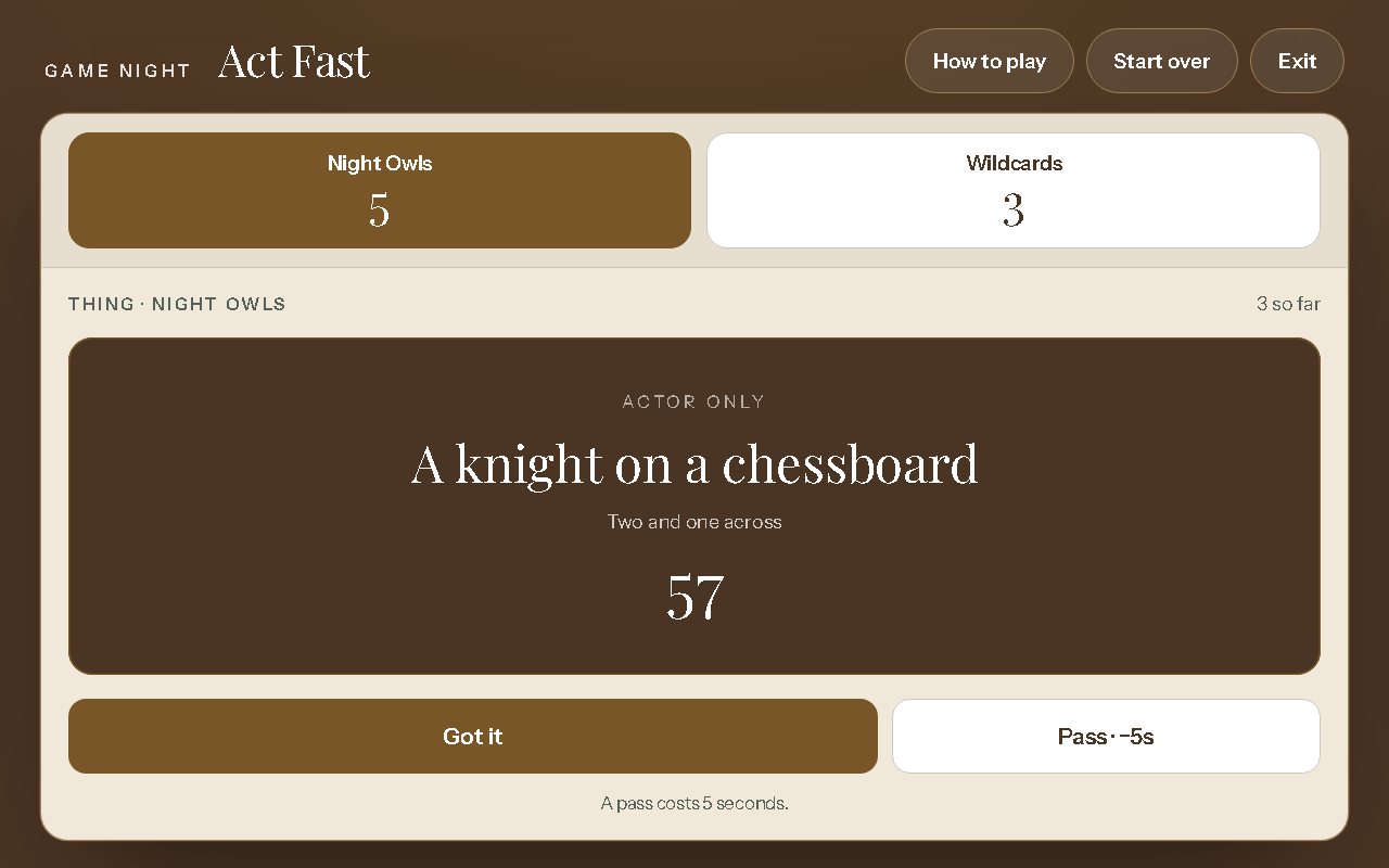 Act Fast on a screen: the prompt hidden, the sixty-second clock ready.